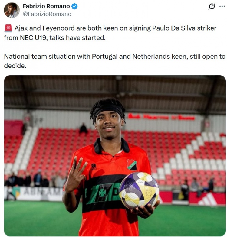 罗马诺:阿贾克斯、费耶诺德有意锋线小将保罗·达席尔瓦